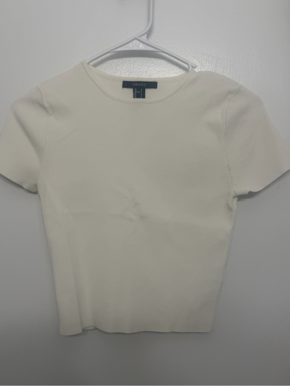 Forever 21 Cream Short Sleeve Ribbed Crewneck Top